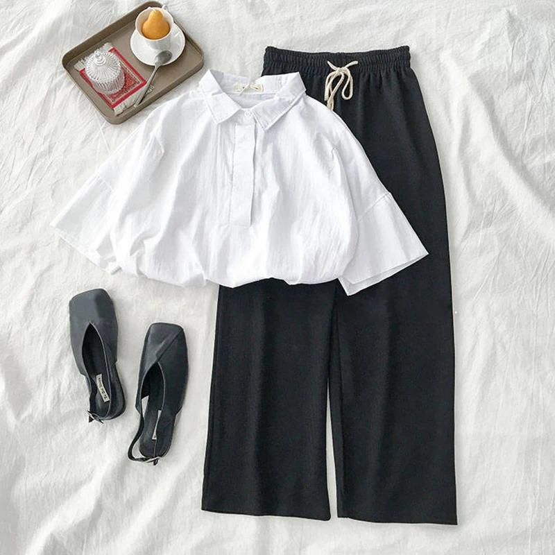 

Single/suit wide-leg pants suit female summer 2022 new Korean version student loose short-sleeved white shirt two-piece tide y2k