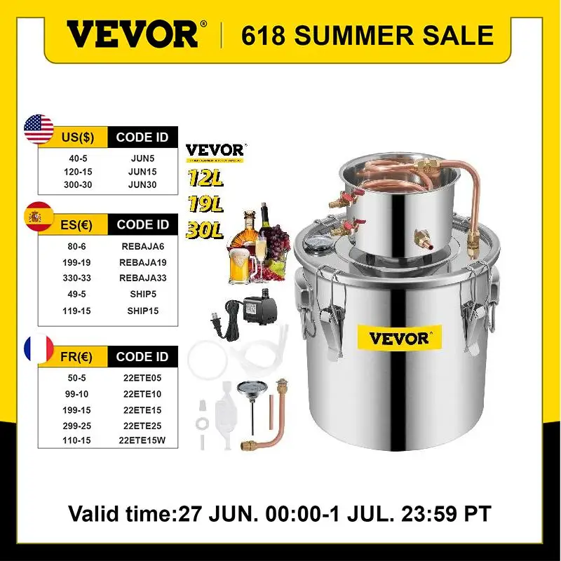 

VEVOR Moonshine Distiller Alcohol Still 12/19/30L DIY Home Wine Brandy Whiskey Distillery Kit Essential Oil Brewing Equipment