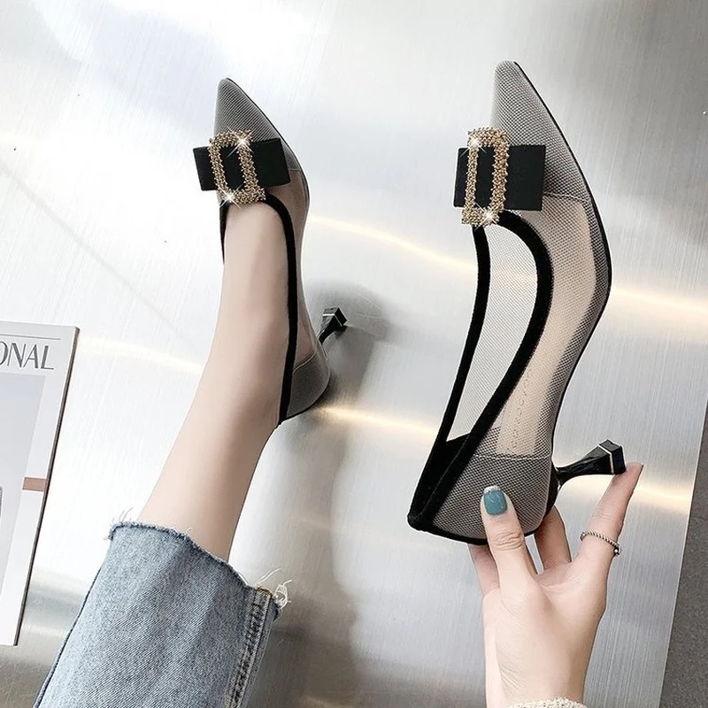 

New Elegant High Heels Sexy Women's Stiletto 2022 Spring Summer Sandals New Pointed Mesh Shoes Black Luxury Woman Pumps