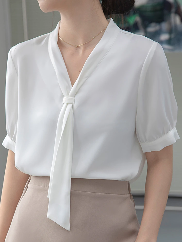 

Модная блузка с V-образным вырезом, короткие красивые и дешевые женские блузки, шифоновая белая рубашка 2022, элегантные летние женские топы, ж...