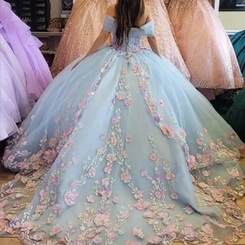 

Очаровательные голубые платья для Quinceanera с 3D розовыми кружевами аппликация бисером открытыми плечами бальное платье 15 лет на заказ