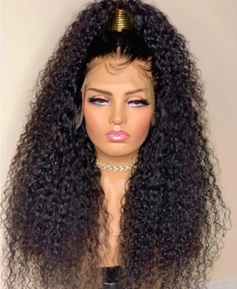 Black 28 Inch Long Kinky Curly Lace Front Wig 180%Density Glueless With BabyHair Preplucked Heat Temperature Daily Cosplay Wig