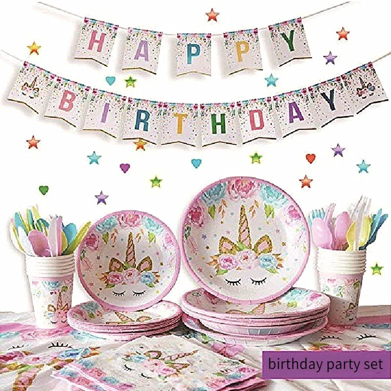 

Unicorn Disposable Tableware Banner Balloons Unicorn Birthday Party Decorations Baby Shower 1st Birthday Girl Party Decoration