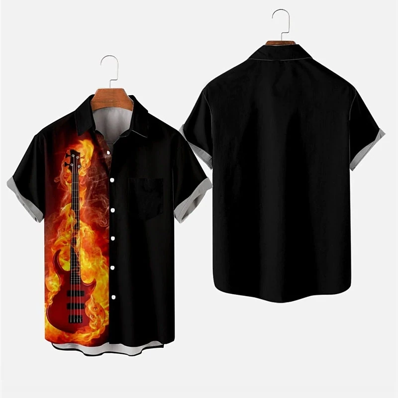 

Men's Shirt Summer Hawaiian Shirt Graphic Prints Flame Guitar Turndown Outdoor Street Short Sleeves Apparel Tropical