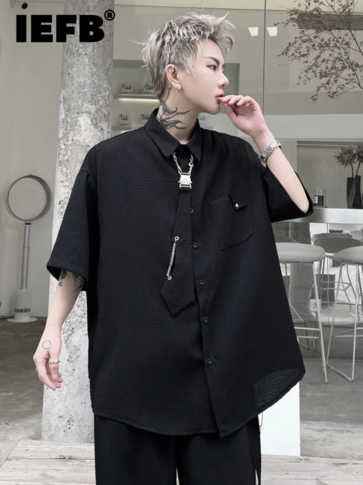 

IEFB Solid Color Detachable Tie Men's Loose Short Sleeve Shirt Summer New Fashion Casual Straight Loose Tide Youth Tops 9A3001