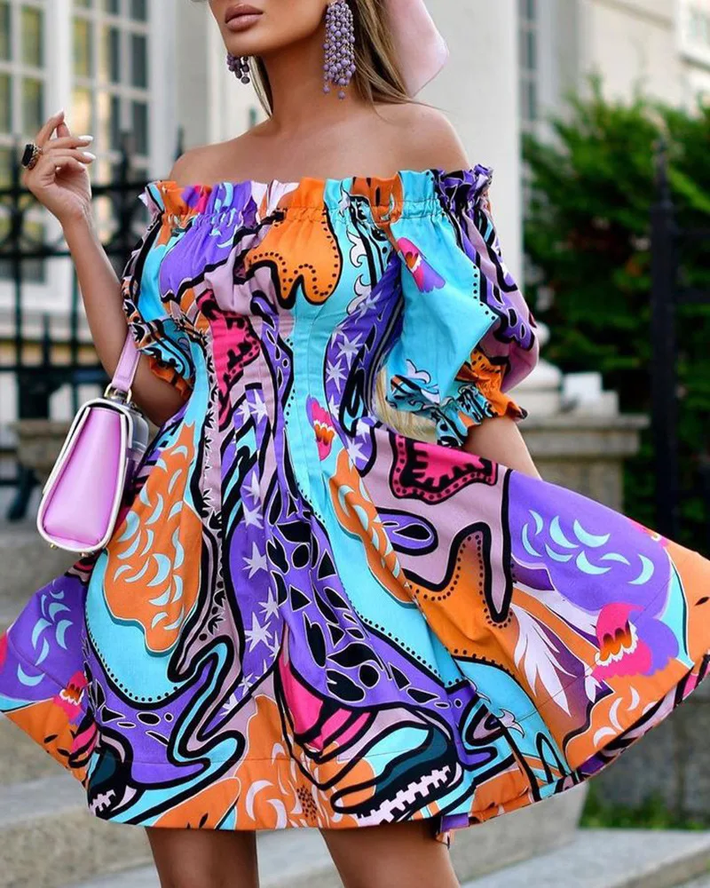 

Color Printed One Neck Dress Korean Party Dresses Summer 2022 New Skirt