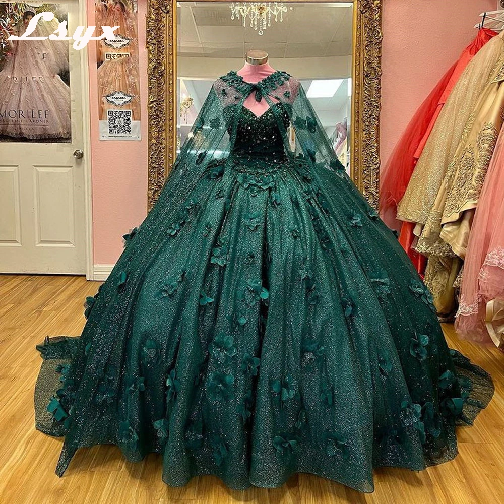 

LSYX изумрудно-зеленое блестящее платье для Quinceanera 2023 с накидкой бальное платье без рукавов 3D цветы корсет Vestido De 15 лет