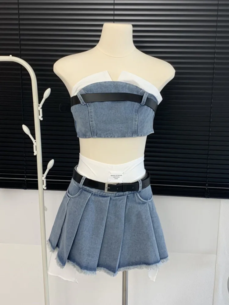 

Женский джинсовый костюм-двойка, короткий Топ без бретелек и плиссированная юбка