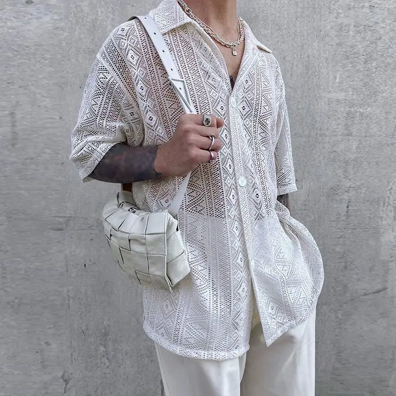

See-through Lace Shirt Elegant Men Summer White Black Short Sleeve Sheer Blouse Fashion Sexy Casual Vacation Beach Mesh Top Man