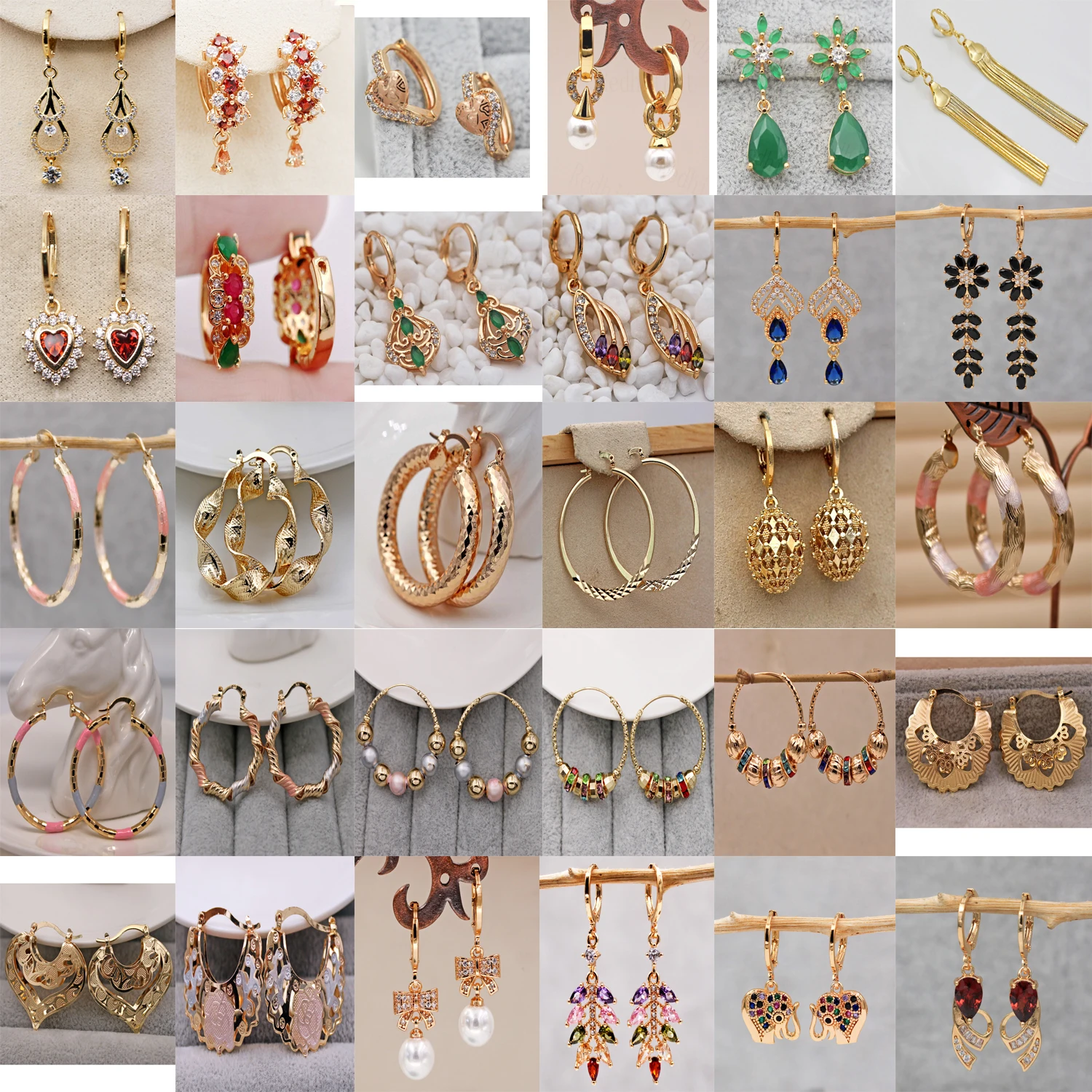 

31Pairs Dangle Drop Round Earrings Cubic Zirconia Gold Copper For Women Fashion Jewelry Accessories Wedding Anniversary Gif