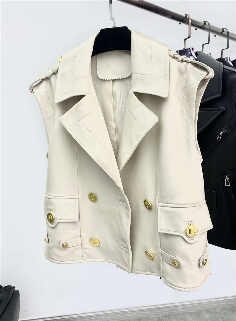 2022 Genuine Leather Jacket Women Short Fashion Gold Button Design Motorcycle Biker Zipper Natural Sheepskin Coat