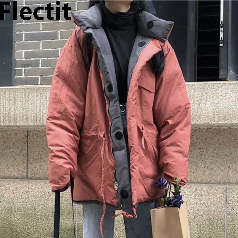 

Flectit Reversible Puffer Jacket Women Thick Bomber Jacket With Flap Pocket Drawstring Waist Outerwear Winter Outfit