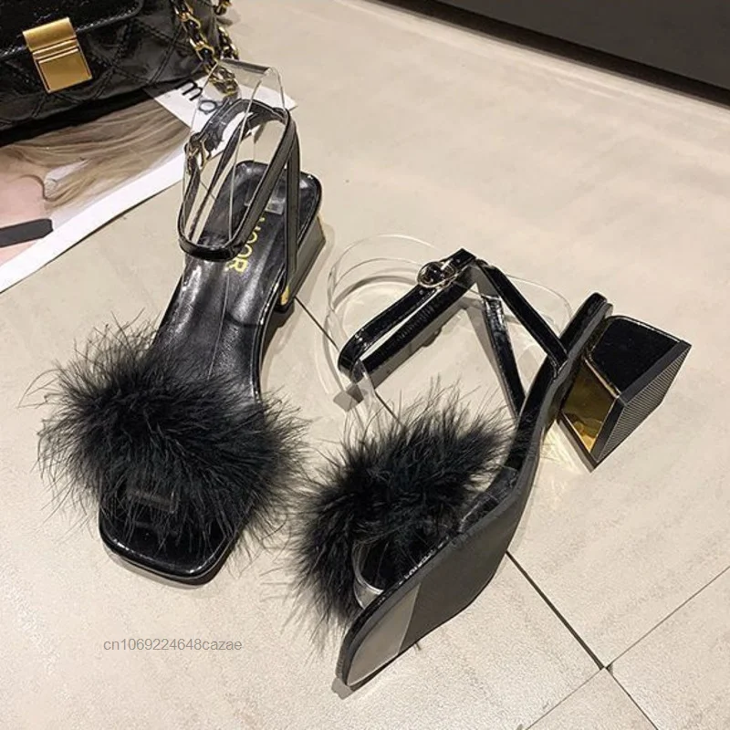 Fairy Plush Shoes PU Leather Women's Sandals 2023 New Summer High Heels Thick Platform Korean Ins Y2k Aesthetic Square Toe Heels