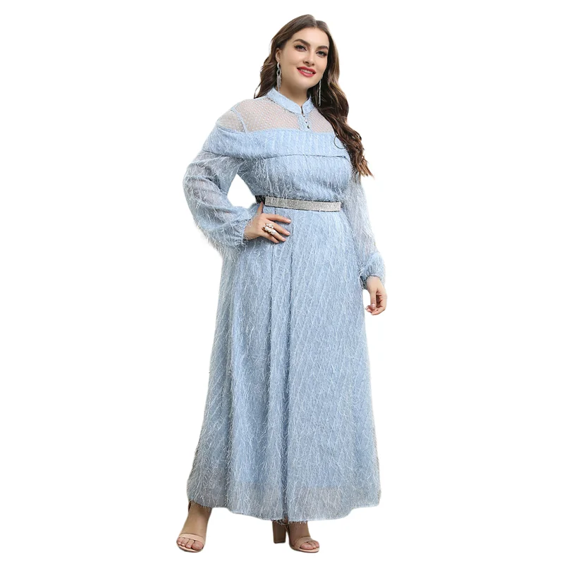 

Women's Large Maxi Dresses Elegant Party Evening 2022 Luxury Designer Blue Long Sleeve Muslim Festival Clothing L- 4XL