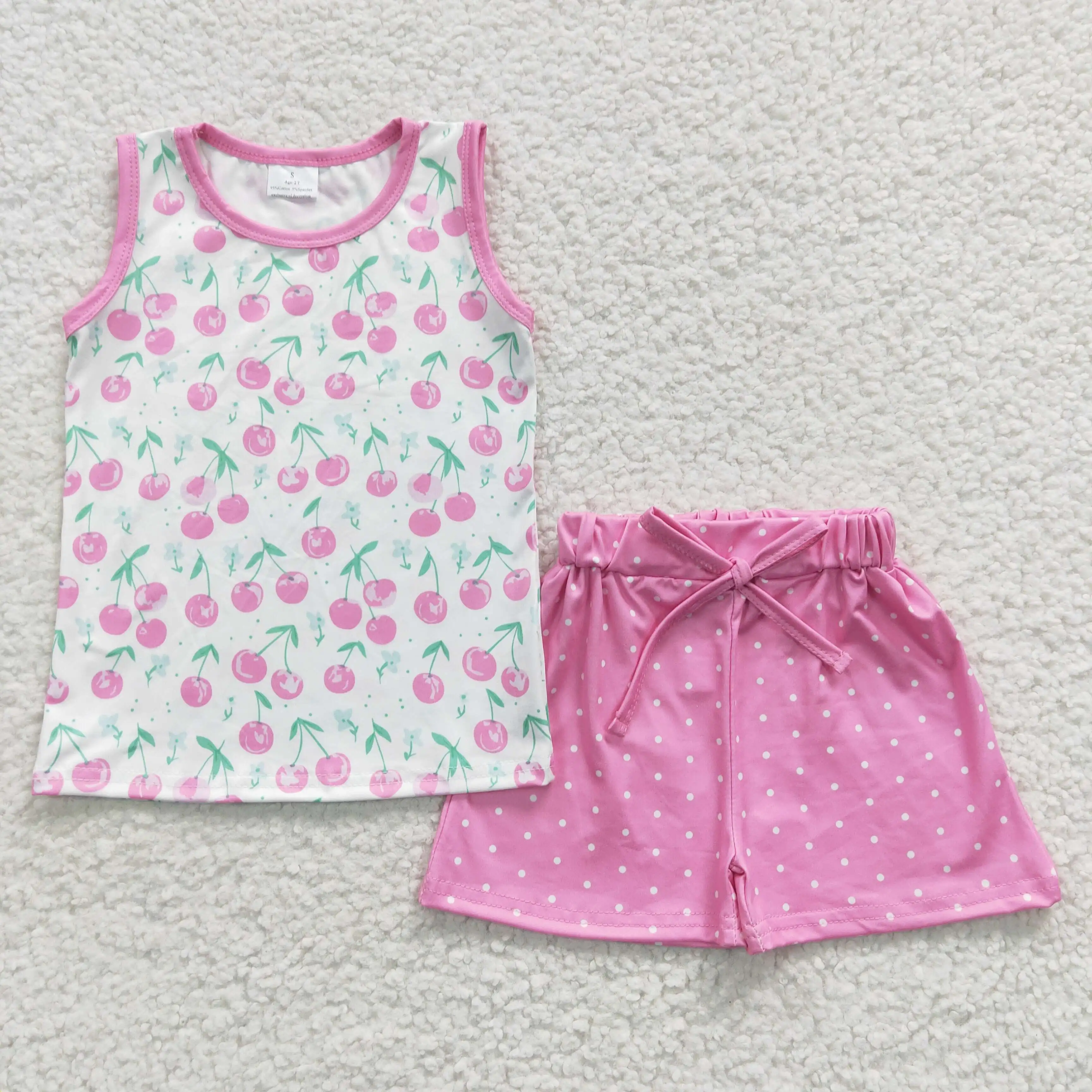 

New Design RTS Summer Baby Cherry Sleeveless Sets Kids Girls Pink Clothes Toddler Fancy Boutique Outfits