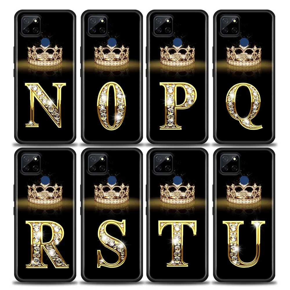 

Golden Letter N Q R W Case For Realme C21Y C21 C25 C20 C15 C12 C11 C1 GT Master Neo Neo2 Funda Capa Silicone Cases Diamond Crown