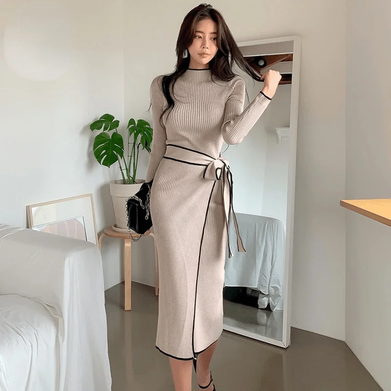 

2022 New Autumn Winter Korean Style Temperament Dress Ladies Thin Waist Lace-up Mesh Mid-length Dress Sweater Dresses