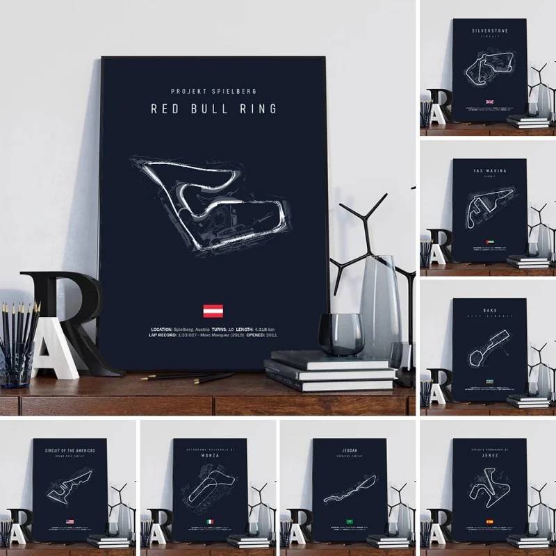 Формула 1, серебряный камень, трек, цепь, Картина на холсте, цепь монзы, настенный художественный плакат, Мотоспорт, гонка, домашний декор, картина