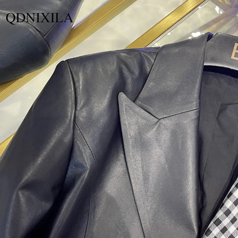 2023 Spring Jacket Women Y2k Black-and-white Plaid Contrast Stitching PU Leather Jacket Women New Outerwear Top Women UltraShort