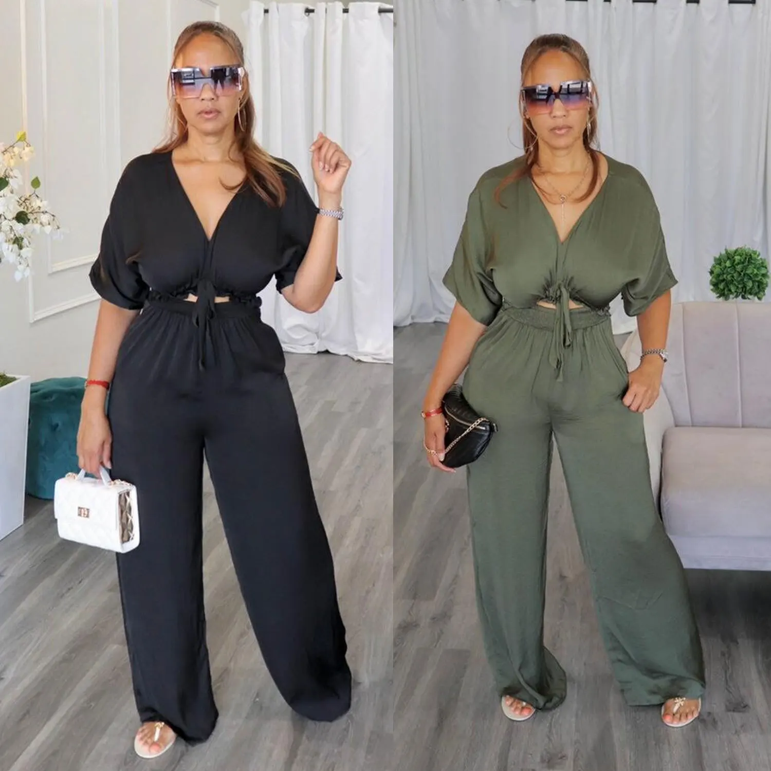 Chocomist Jumpsuits Trendy Solid Lace Up V-neck Women Jumpsuit
