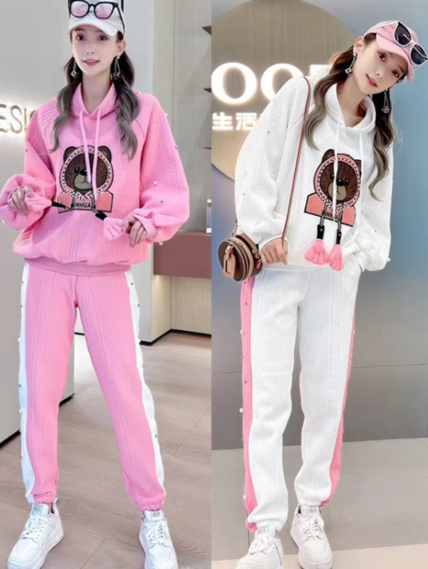 

Зимний Повседневный Спортивный костюм, женский утепленный свитшот с флисовой подкладкой и капюшоном, жаккардовые Мультяшные спортивные шт...