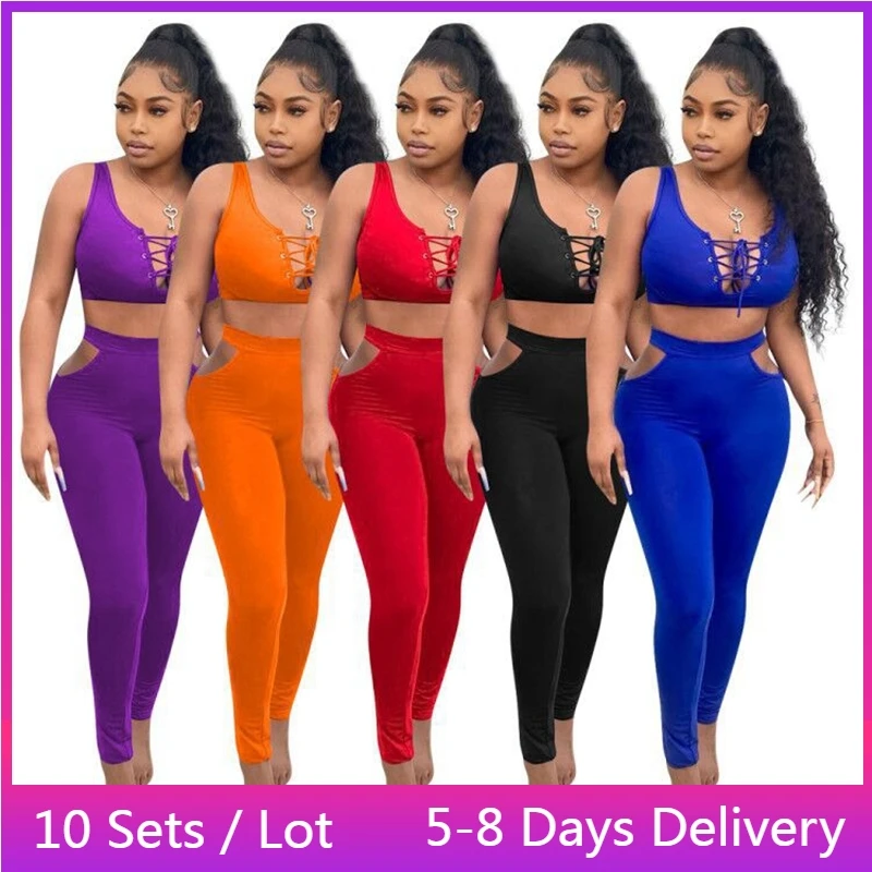 

Комплекты из двух предметов для женщин, Клубные однотонные бандажные летние наряды с вырезами, укороченный топ на шнуровке, облегающие брюки