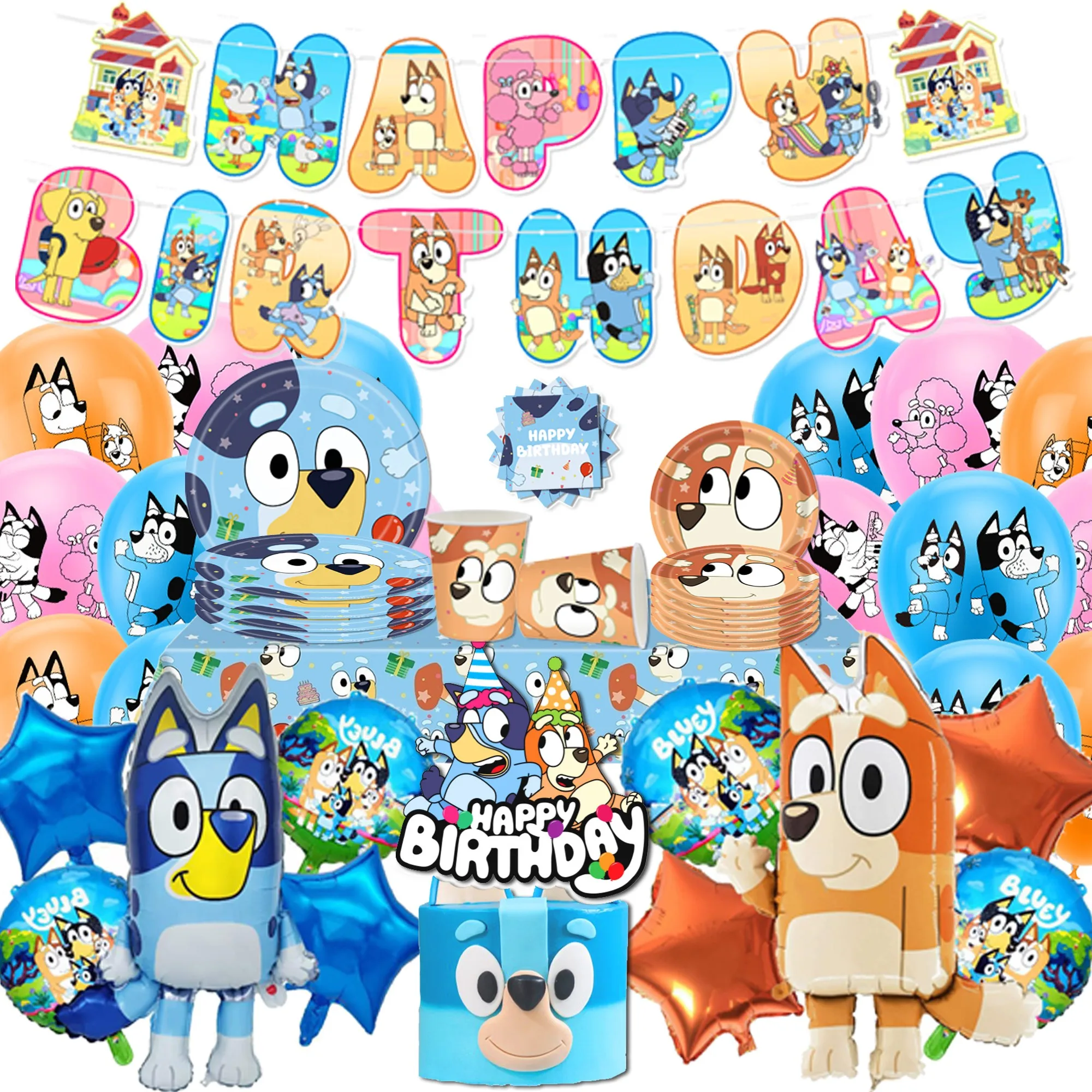 Orange style Bluey family Dog Birthday Party cutlery plate Disposable Banner Cake Topper Hanging Flag Balloons Set Decoration