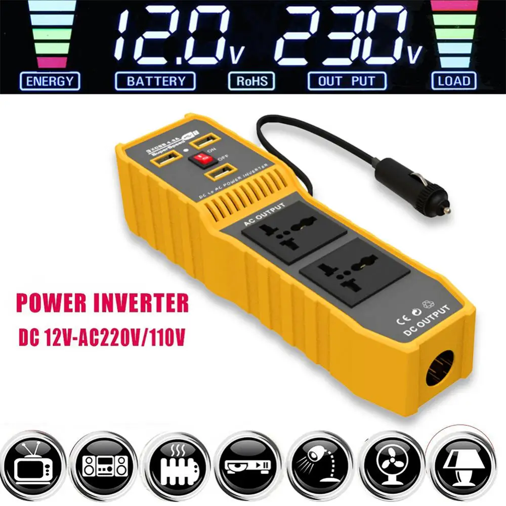 

200W Car Power Inverter DC 12V to AC 220V/110V Modified Sine Wave Converter with 2 AC Sockets One Cigar Lighter 3 USB Ports