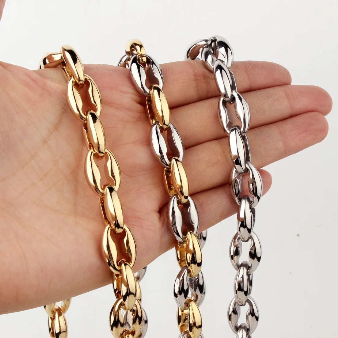 

12mm Wholesale Fashion Jewelry 316L Stainless Steel Gold Coffee Beads Bean Chain Necklace Mens Jewelry Gift