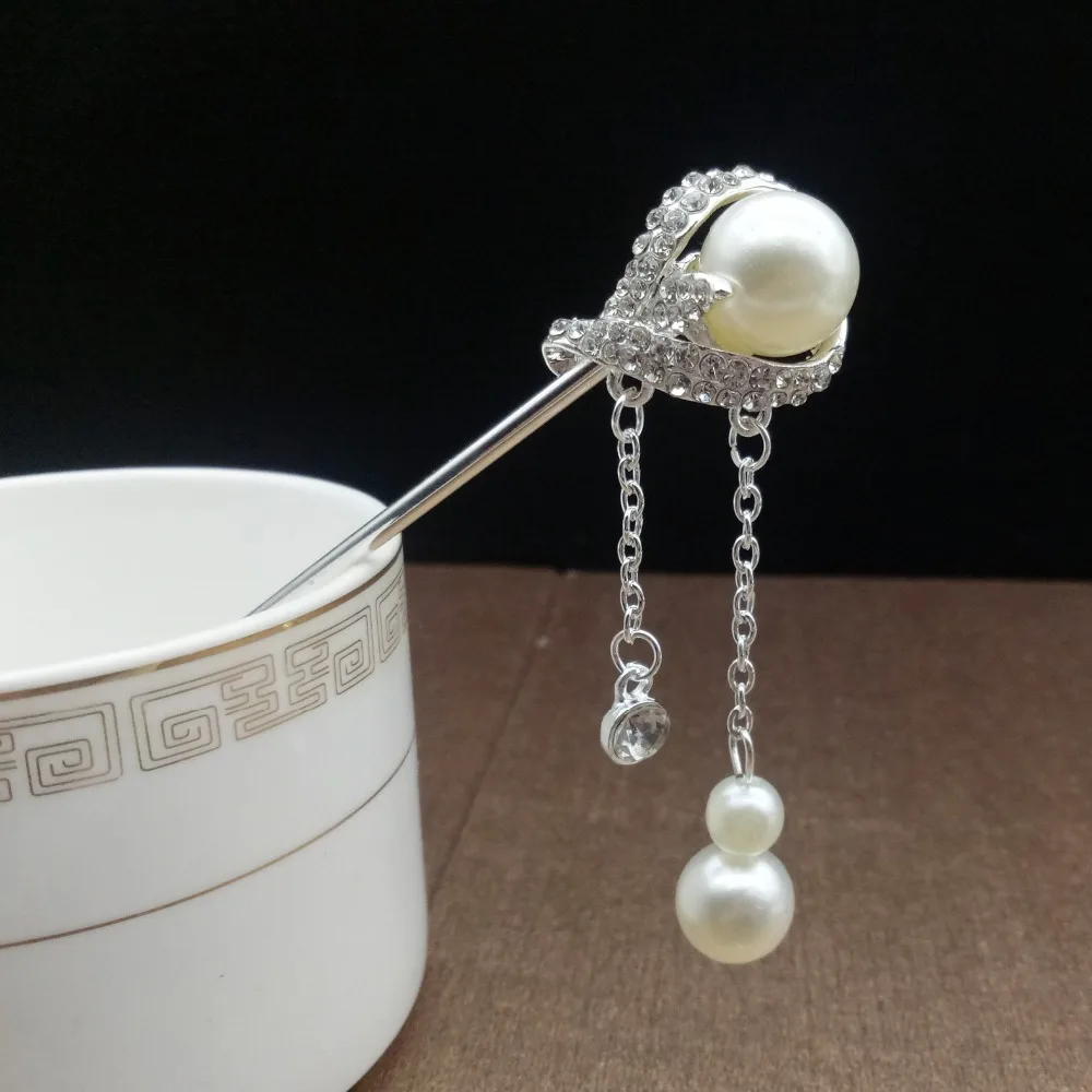 

Simulated Pearl Metal Hair Sticks Chinese Long Tassels Hair Clip Pins Bride Wedding Crystal Rhinestones Head Jewelry Accessories