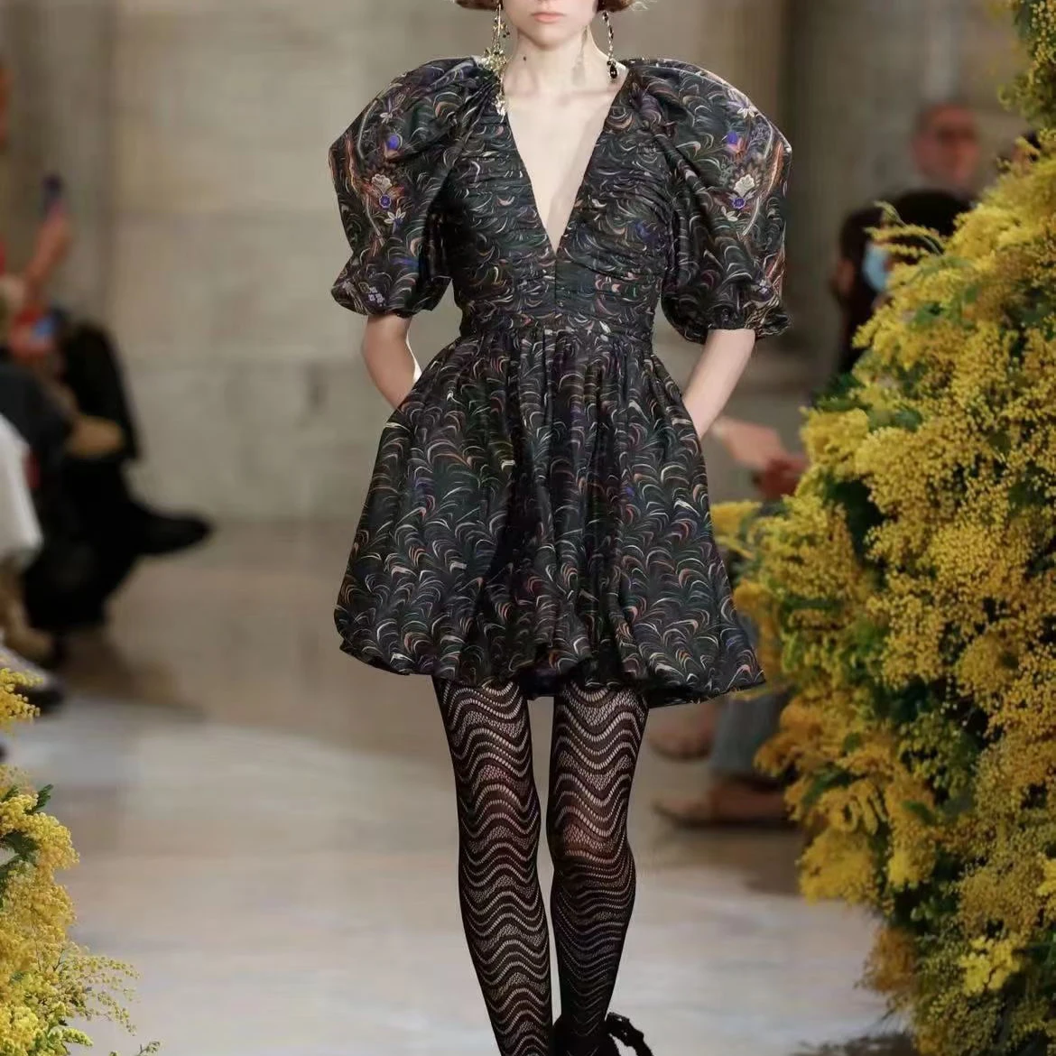 

Women print mini dress puff sleeve v-neck high waist fashion lady dress