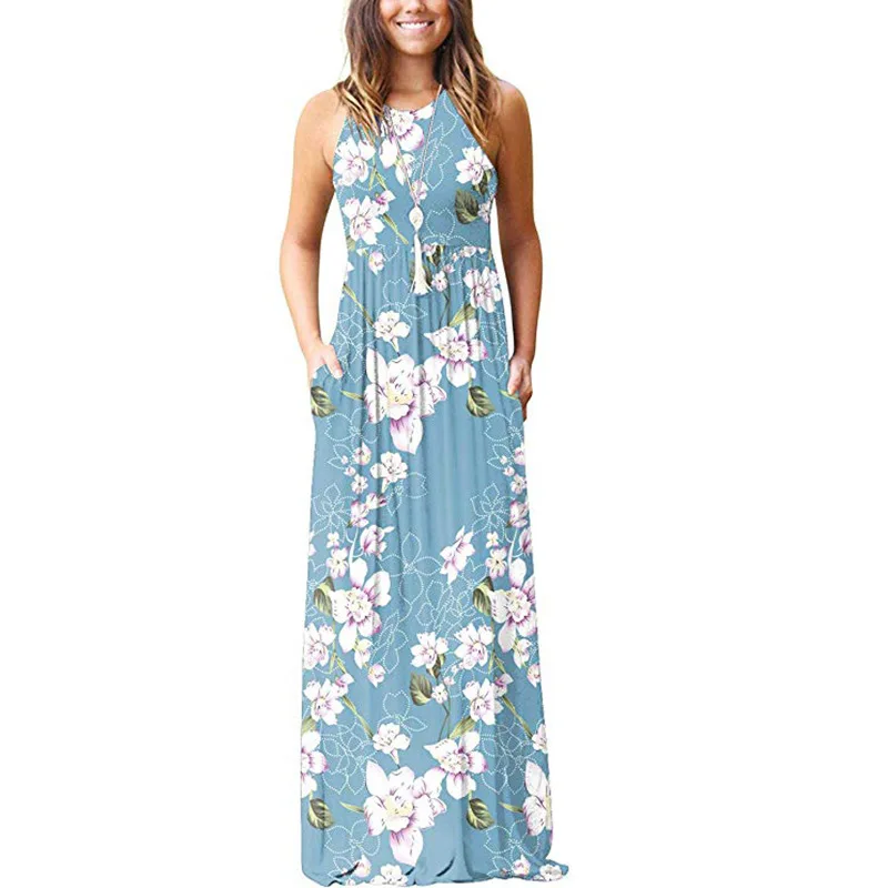 

Женское длинное свободное платье, повседневное элегантное платье с круглым вырезом и принтом, с эластичным поясом, весна-лето 2022