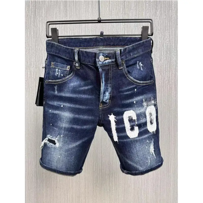 

Men's Summer Trendy Casual Style Slim Short Jeans Fashion Letter Printing Hole Denim Shorts 9876-1#