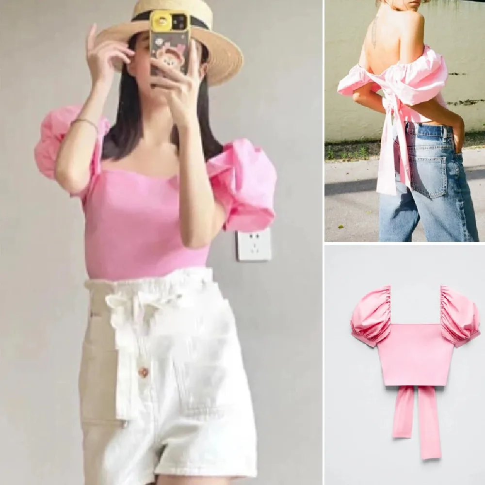 

COS LRIS 2023 summer fashion new splicing knitted puff sleeve short top straight collar bow decoration temperament 9598071