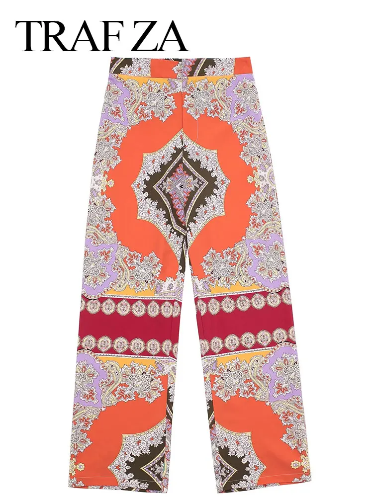 

TRAF ZA Fashion Print Orange Nine-point Pants Zipper Vinage Women's Straight Fashion All-match Skin-friendly High Quality Wear