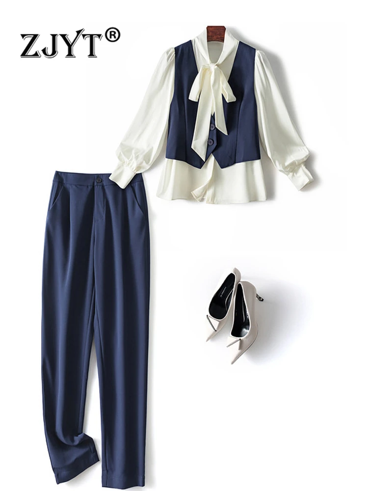 

ZJYT Autumn Fashion Office Lady Pants Set Women Designer Long Sleeve Bow Collar Blouse+Vest+Trousers Suit 3 Piece Outfits