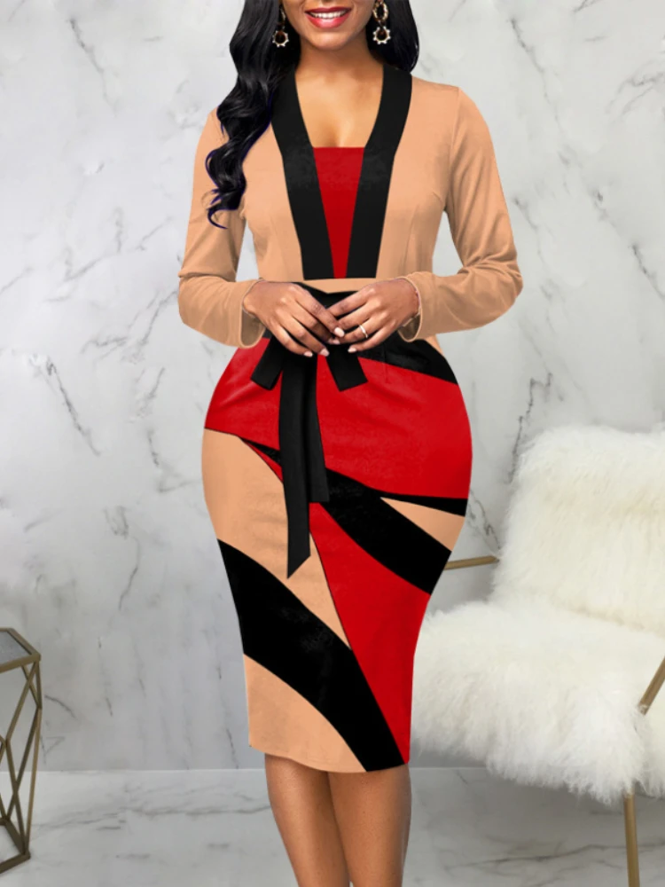

Fashion Print Dresses Women Elegant Office Ladies Long Sleeve Slim Bodycon Midi Robe Casual Pencil Vestidos Work Wear with Belt