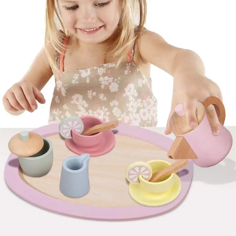 

Wooden Tea Party Set Pretend Play Food Toy Portable Wood Tea Party Kitchen Accessories Hand Exercise Toys Wood Set For Birthday