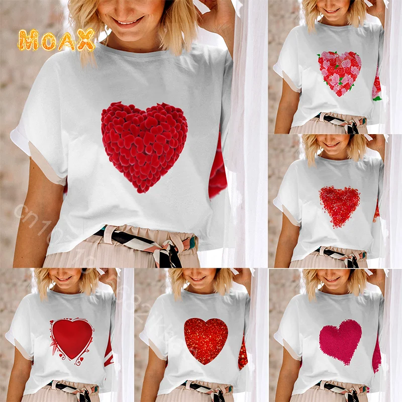 

Red Heart Print Summer Short Sleeve T-shirt Women's 2023 New Design Sense Niche Minimalist Loose Tops Ins Tide Feamle Clothing