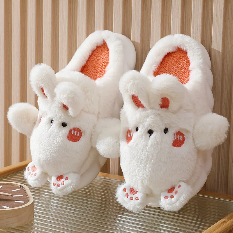 2022 Winter Newin Cartoon Rabbit Cotton Slippers Thick Bottom Home Indoor Couple Woolen Slippers Moon Shoes Female Non-slip Warm