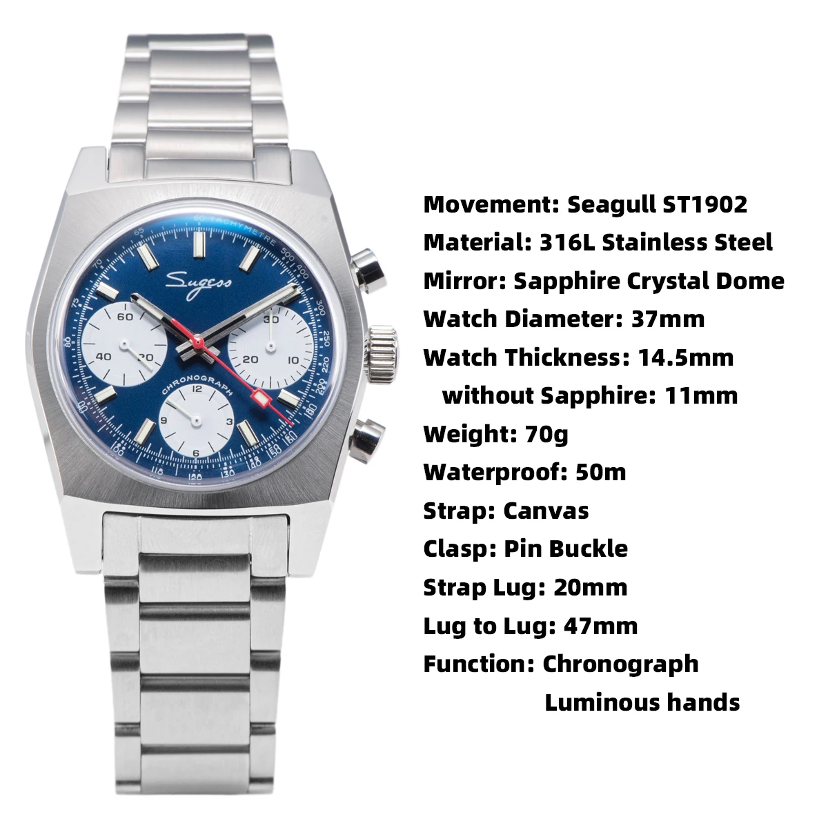 Новый 37 мм Sugess S419 Серия Чайка Swanneck Механизм Хронограф Мастер Мужские Часы Механические Наручные Часы Купол Сапфировый Кристалл (art.: 3920be57300f3) - 3920be57300f3