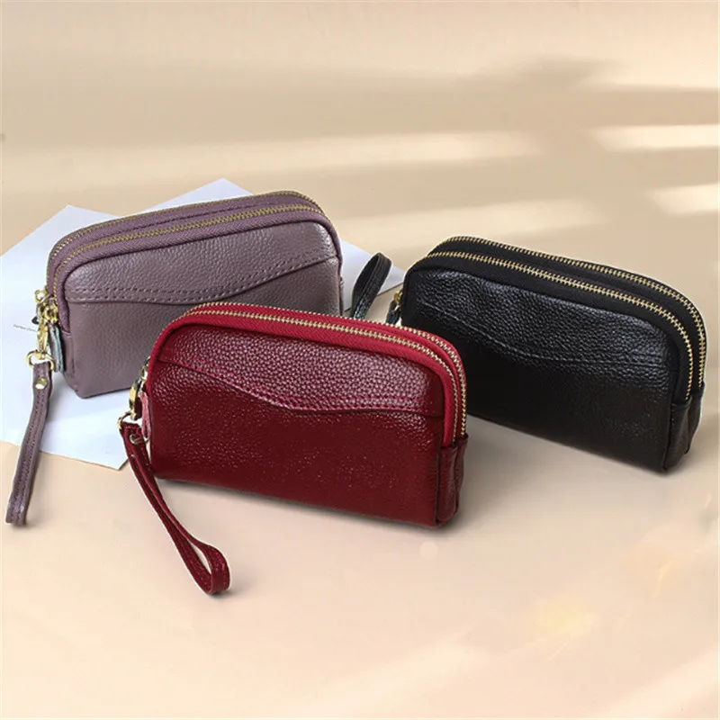 

Women's Cosmetic Bag Genuine Leather Bag Coin Purse Double Zipper Key Wallets makeup bag travel organizer Housekeeper Card Key