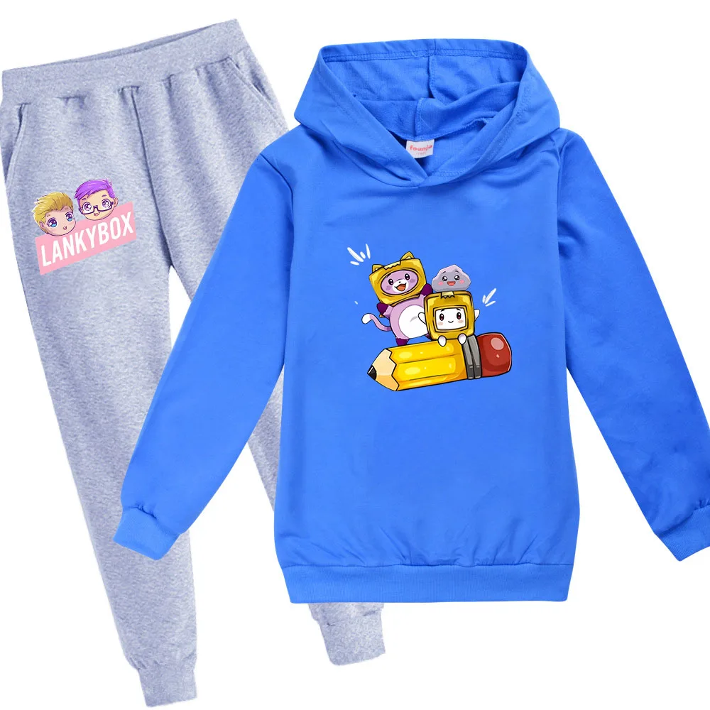 Kids Lankybox Hoodie Long Sleeve Casual Boys Sweatshirts Cartoon Tops Harajuku Unisex Girls Clothes Sudadera Thin Pants 2pcs