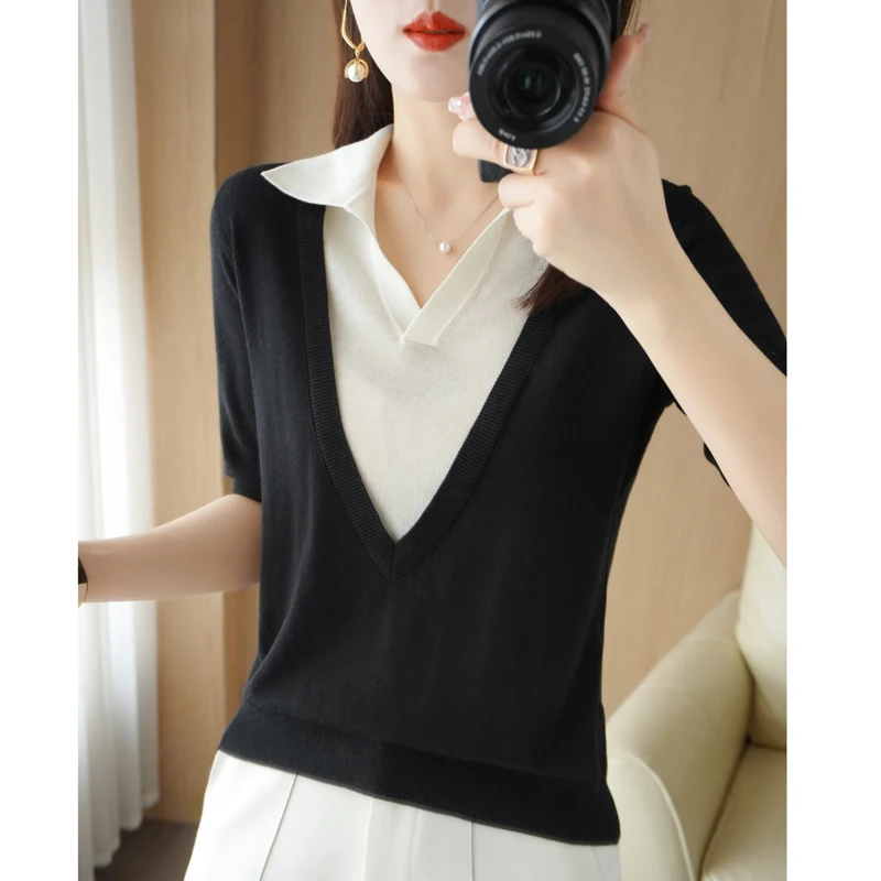 2022 New lapel short-sleeved women's T-shirt solid color knitted wild summer wool sweater thin pullover promotion S-XXL |