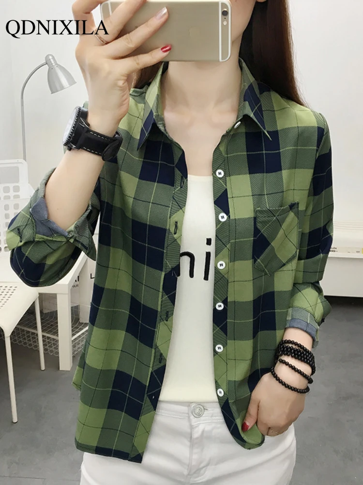 2022 Spring Plaid Printed Wmen's Shirt Korean Fashion Inside Top Cardigan Oversized Long-sleeved Blouses Woman Shirts Button Up