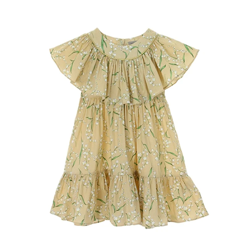 

Элегантное хлопковое платье для девочек от 2 до 16 лет, новинка 2022, Детская летняя одежда для детей, Подростковый цветочный принт с оборками н...