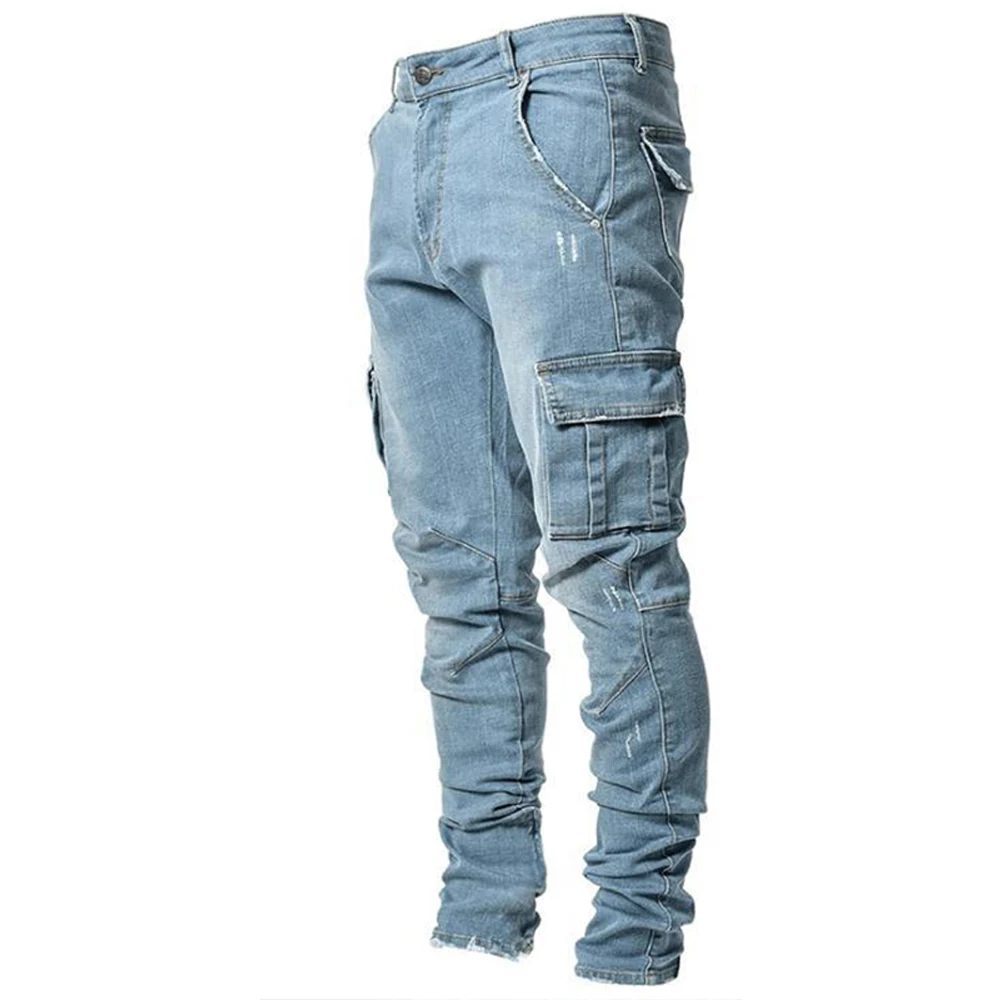 High Quality Jeans Men Pants Wash Solid Color Multi Pockets CasualDenim Cargo Jeans Fahsion Stretch Trousers Male Daily Wear