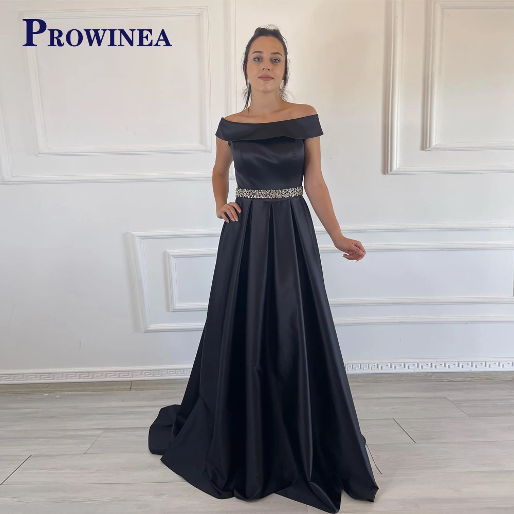 

Prowinea Fashionable A Line Evening Gowns For Women Satin Off the Shoulder Rhinestones Sweep Train Robes De Soirée Customised