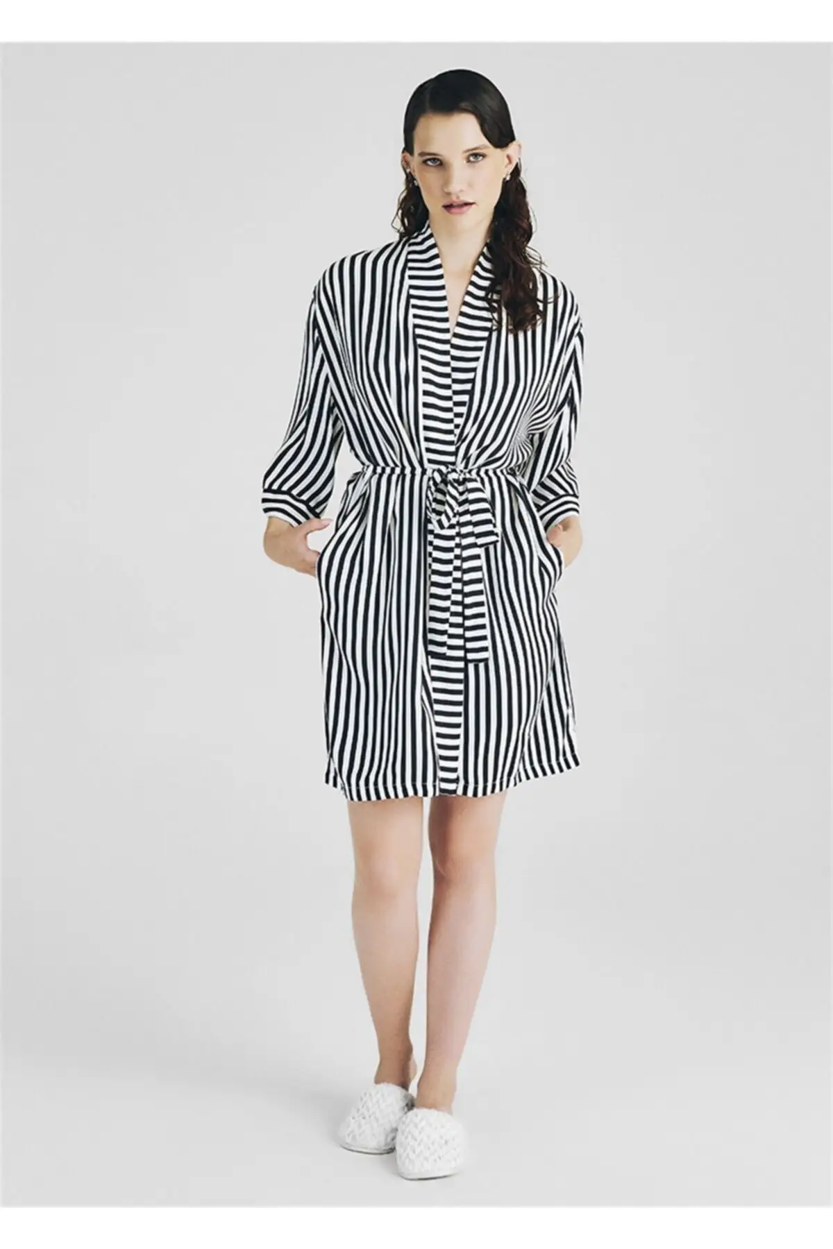 

Dressing Gown Black Striped Satin Texture Kimona W1030Black Bathrobe Peignoir Kimono Bride Sleepwear Night Gown