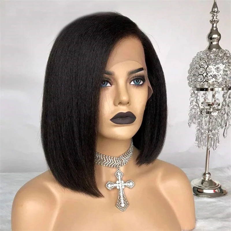 Kinky Bob Wig Glueless Yaki Synthetic Kinky Straight Natural Black 13x6 Lace Front Wig For Women Blunt Short Bob Babyhair Daily
